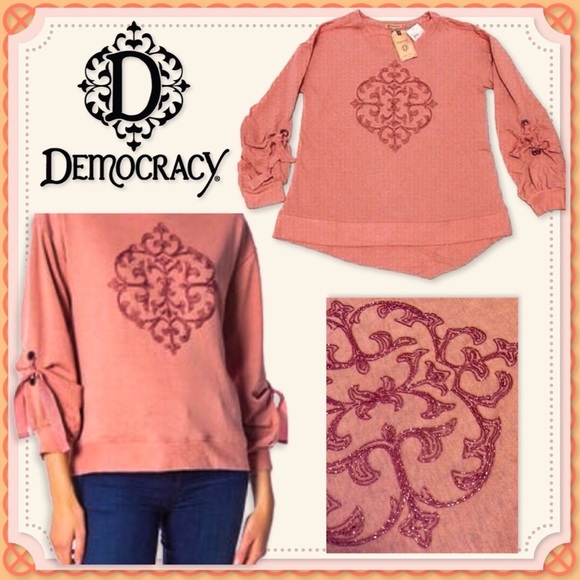 🆕 Embroidered Salmon Peach DEMOCRACY Bow Tie Grommet Flounce Sleeve Tunic NWT - Picture 2 of 13
